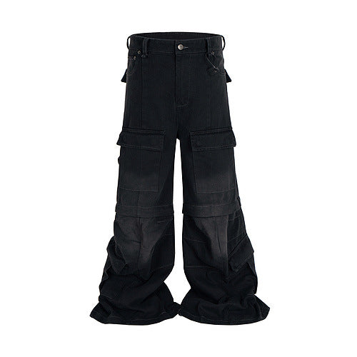 Detachable Worn Looking Washed-out Multi-pocket Detachable Two-way Wear Micro-pull Overalls - Pikemla