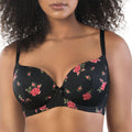 Casey Full Bust Padded Plunge T-Shirt Bra - Black w/ Rose Print