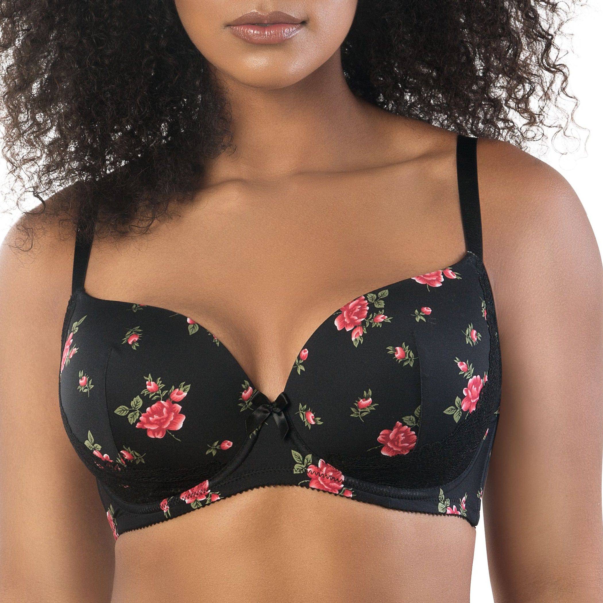Casey Full Bust Padded Plunge T-Shirt Bra - Black w/ Rose Print