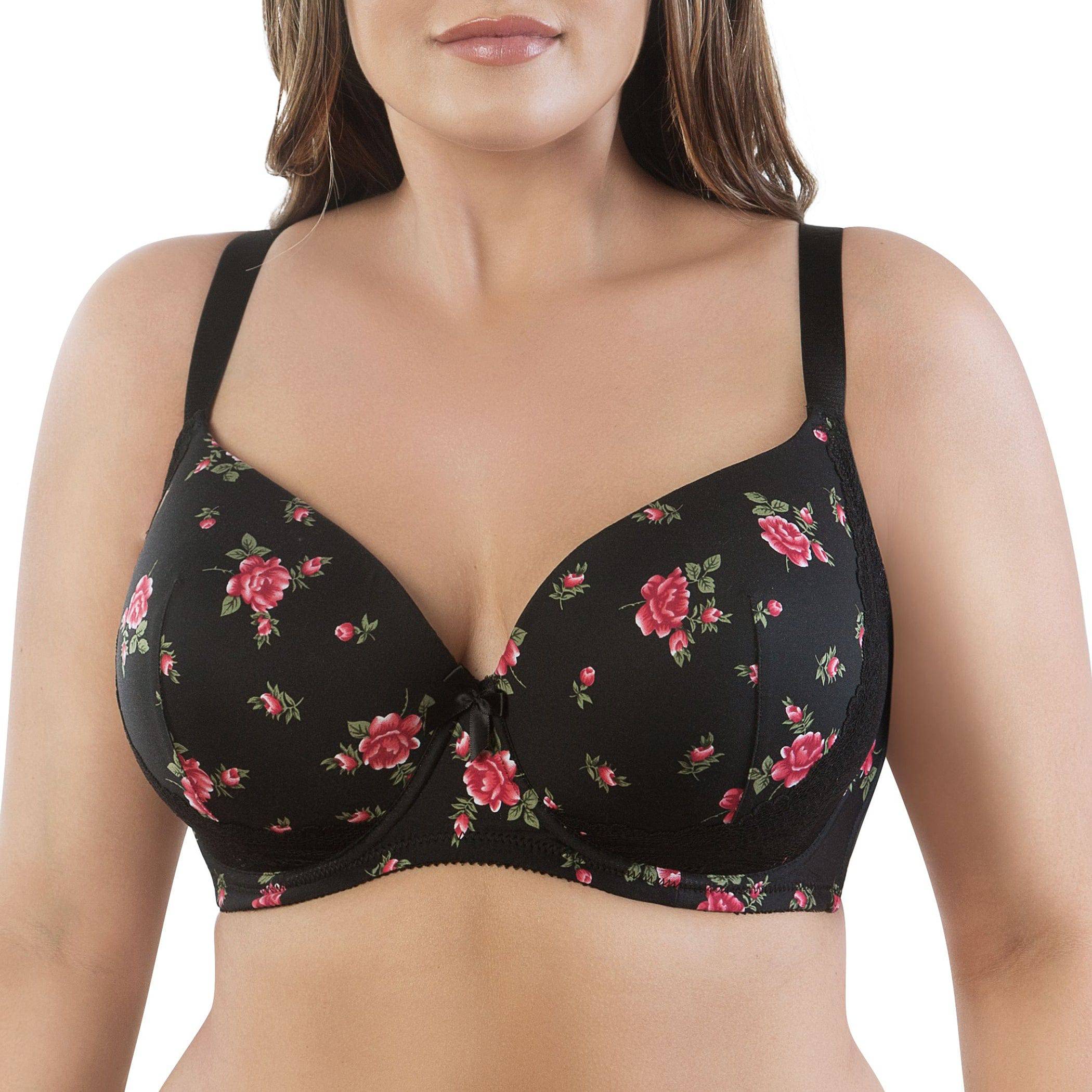 Casey Full Bust Padded Plunge T-Shirt Bra - Black w/ Rose Print