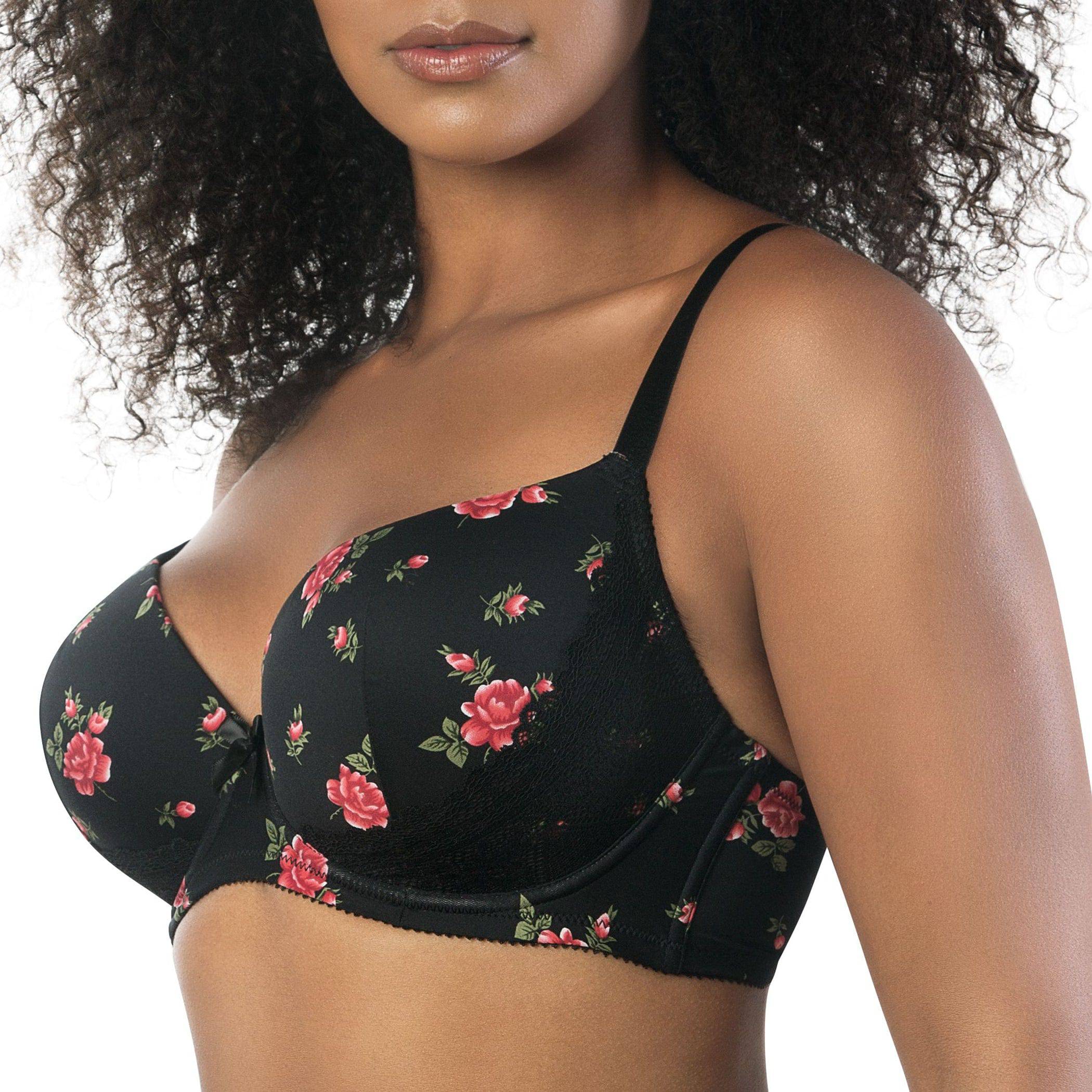 Casey Full Bust Padded Plunge T-Shirt Bra - Black w/ Rose Print