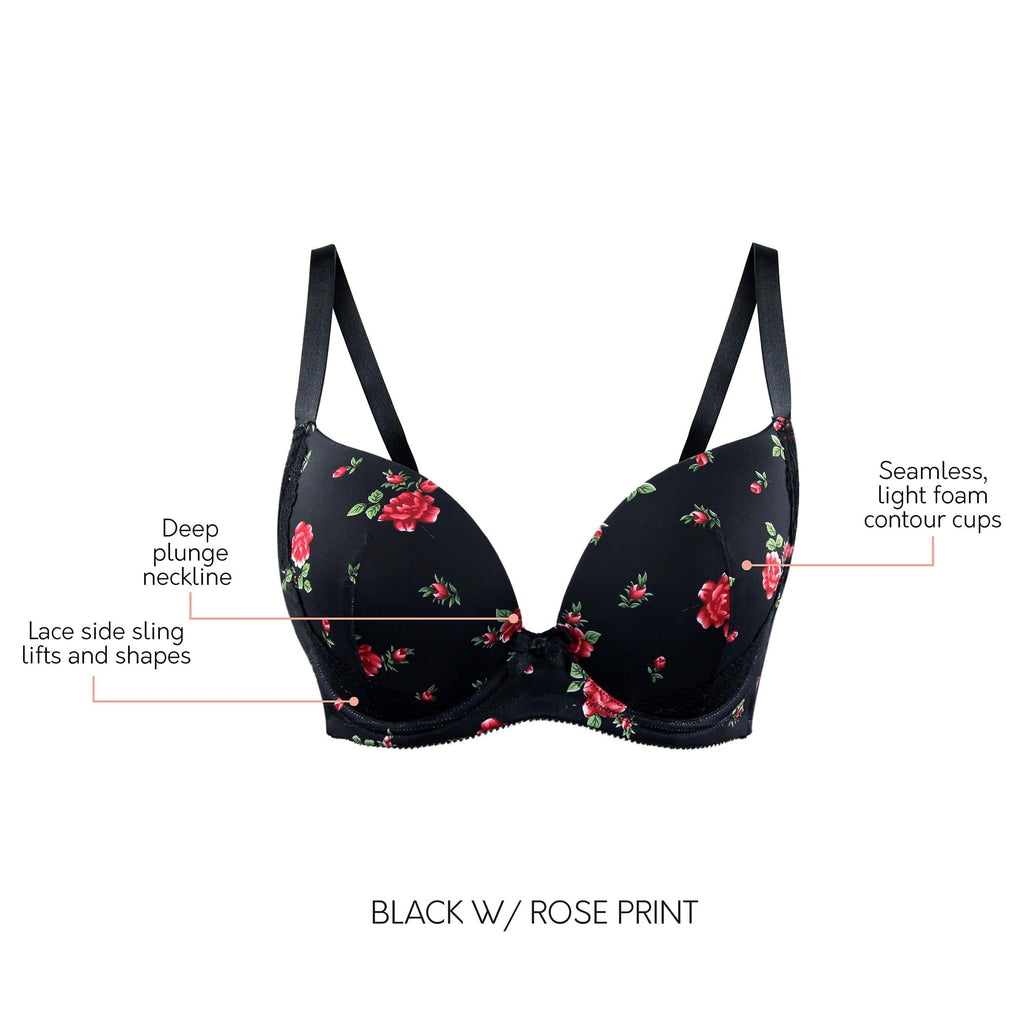 Casey Full Bust Padded Plunge T-Shirt Bra - Black w/ Rose Print