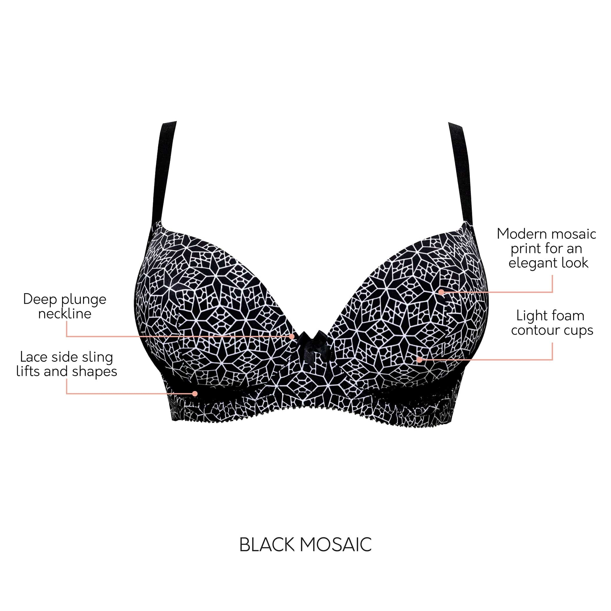 Casey Full Bust Padded Plunge T-Shirt Bra - Mosaic Black