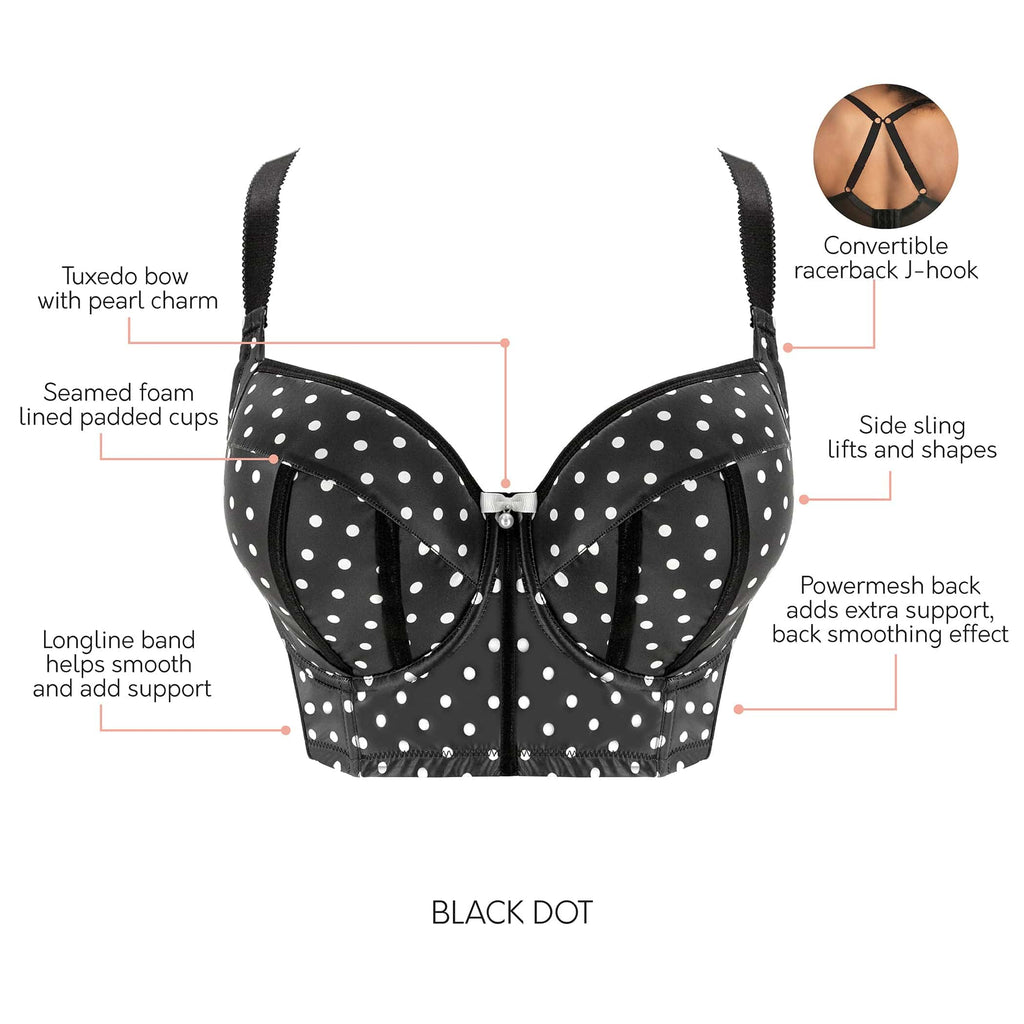 Charlotte Full Bust Padded Longline Bra - Black Dot