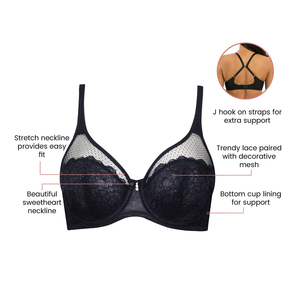 Luxlacy Full Bust Lace Padded Bra - Black