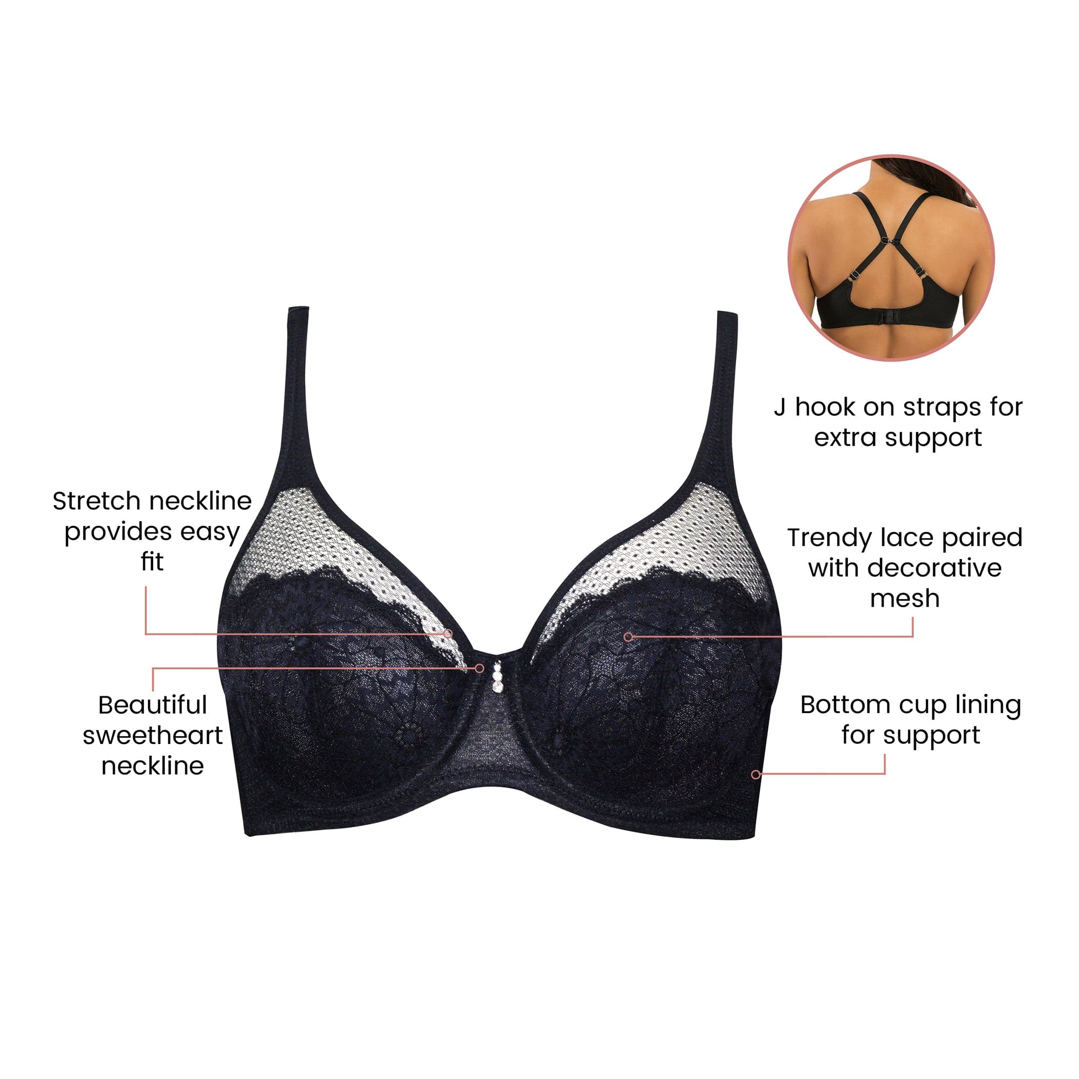 Luxlacy Full Bust Lace Padded Bra - Black