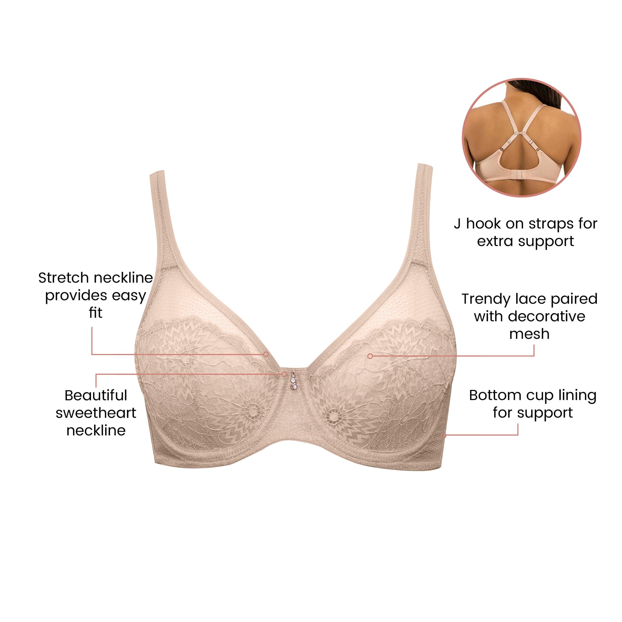 Luxlacy Full Bust Lace Padded Bra - Cameo Rose