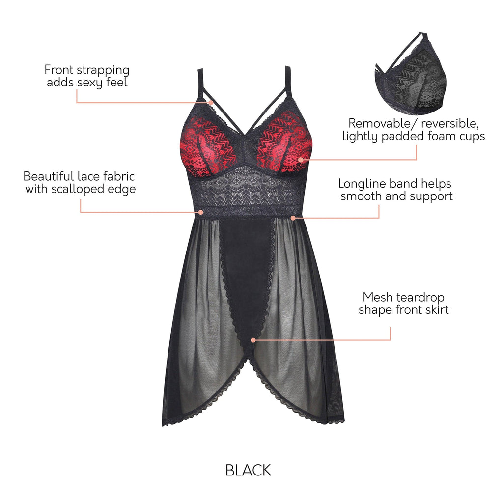 Mia Lace Lingerie Wire-Free Chemise - Black