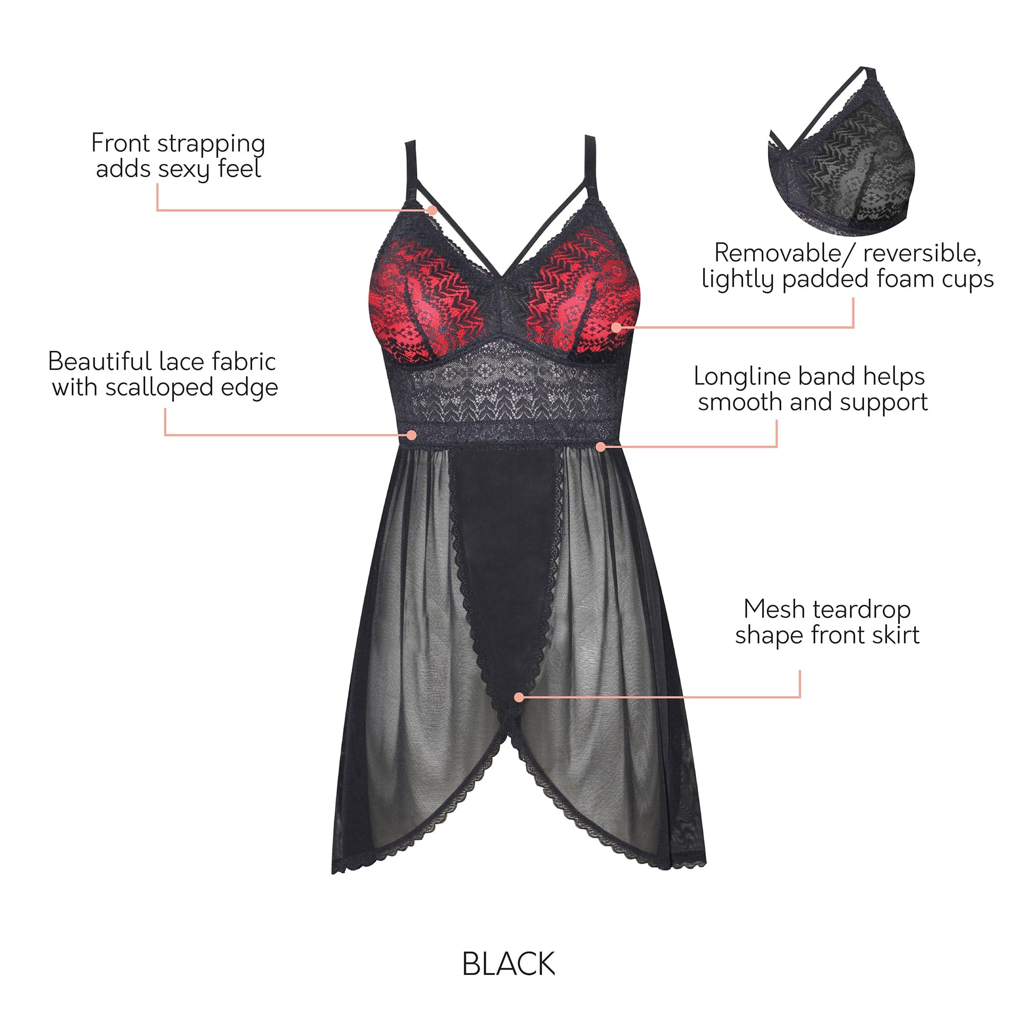 Mia Lace Lingerie Wire-Free Chemise - Black