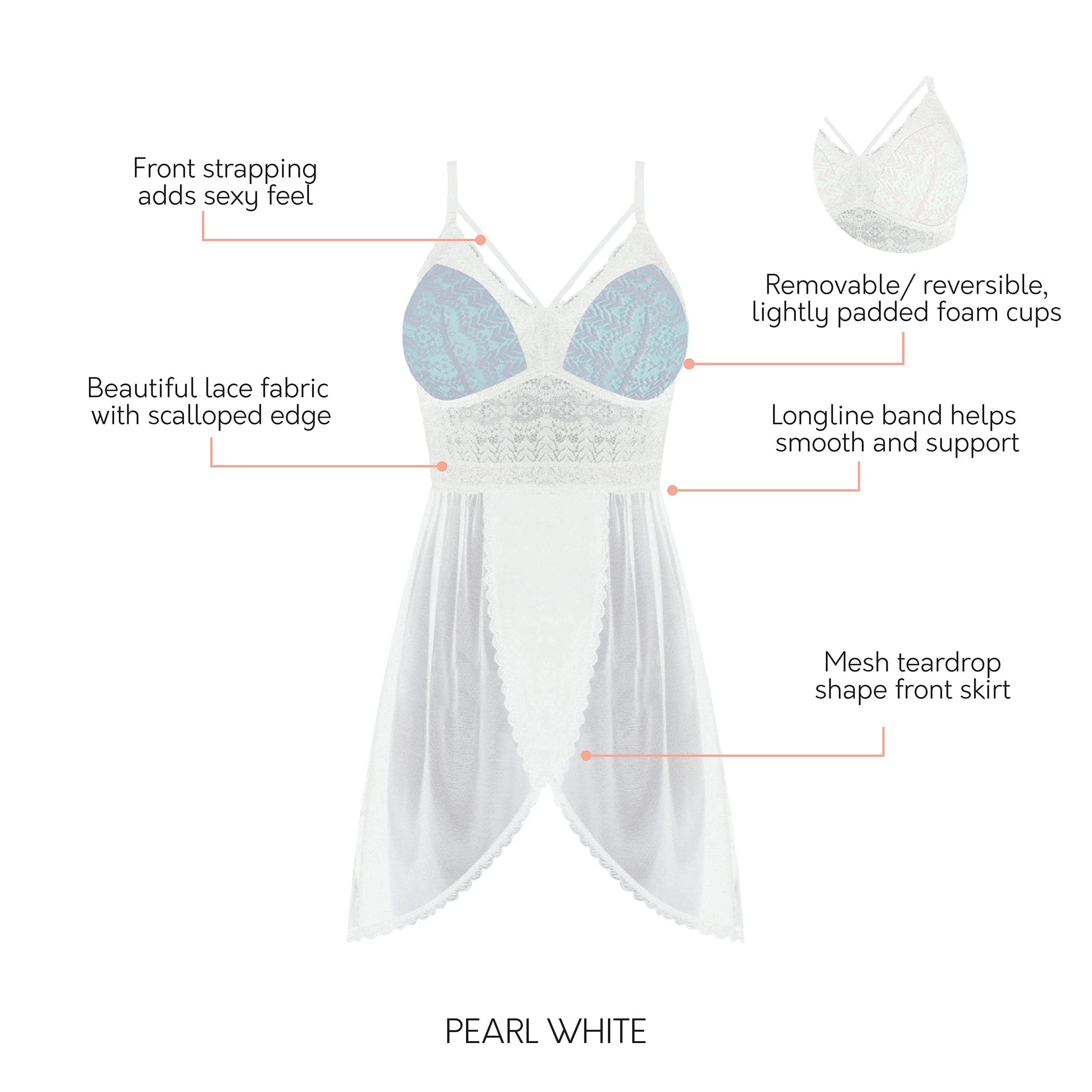 Mia Lace Lingerie Wire-Free Chemise - Pearl White