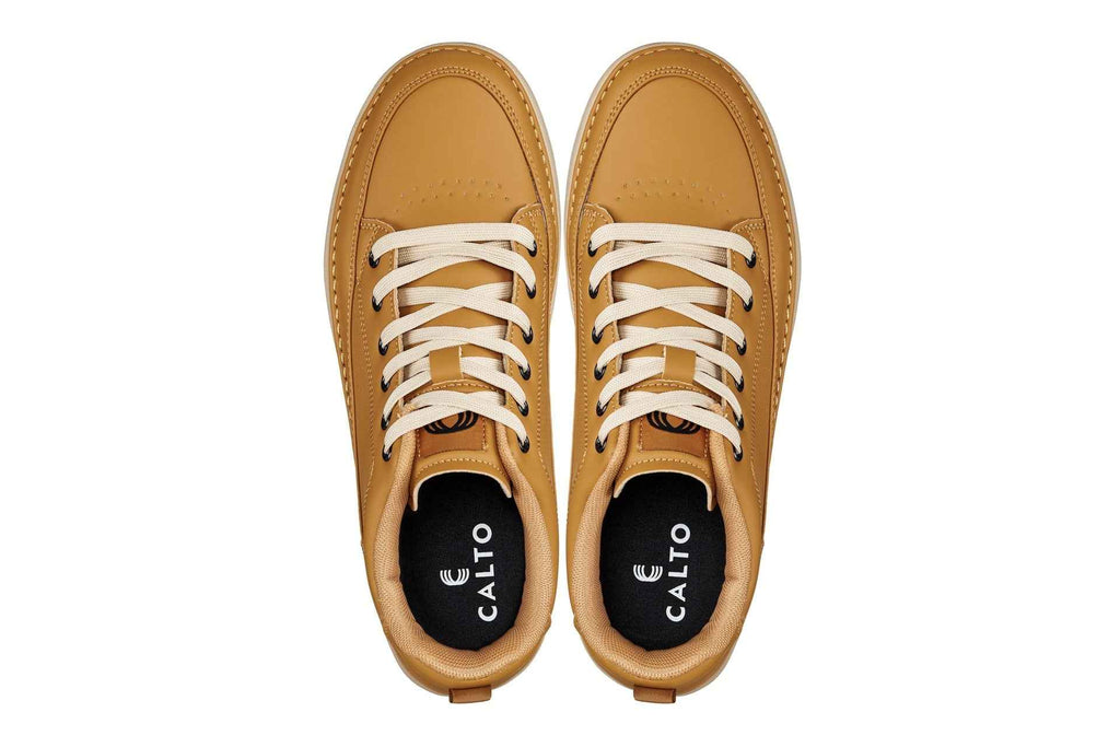 CALTO - Q274  - 2 Inches Taller (Camel Brown & Gum Sole) - Elevated Leatherette Micro-Perforated Sneakers