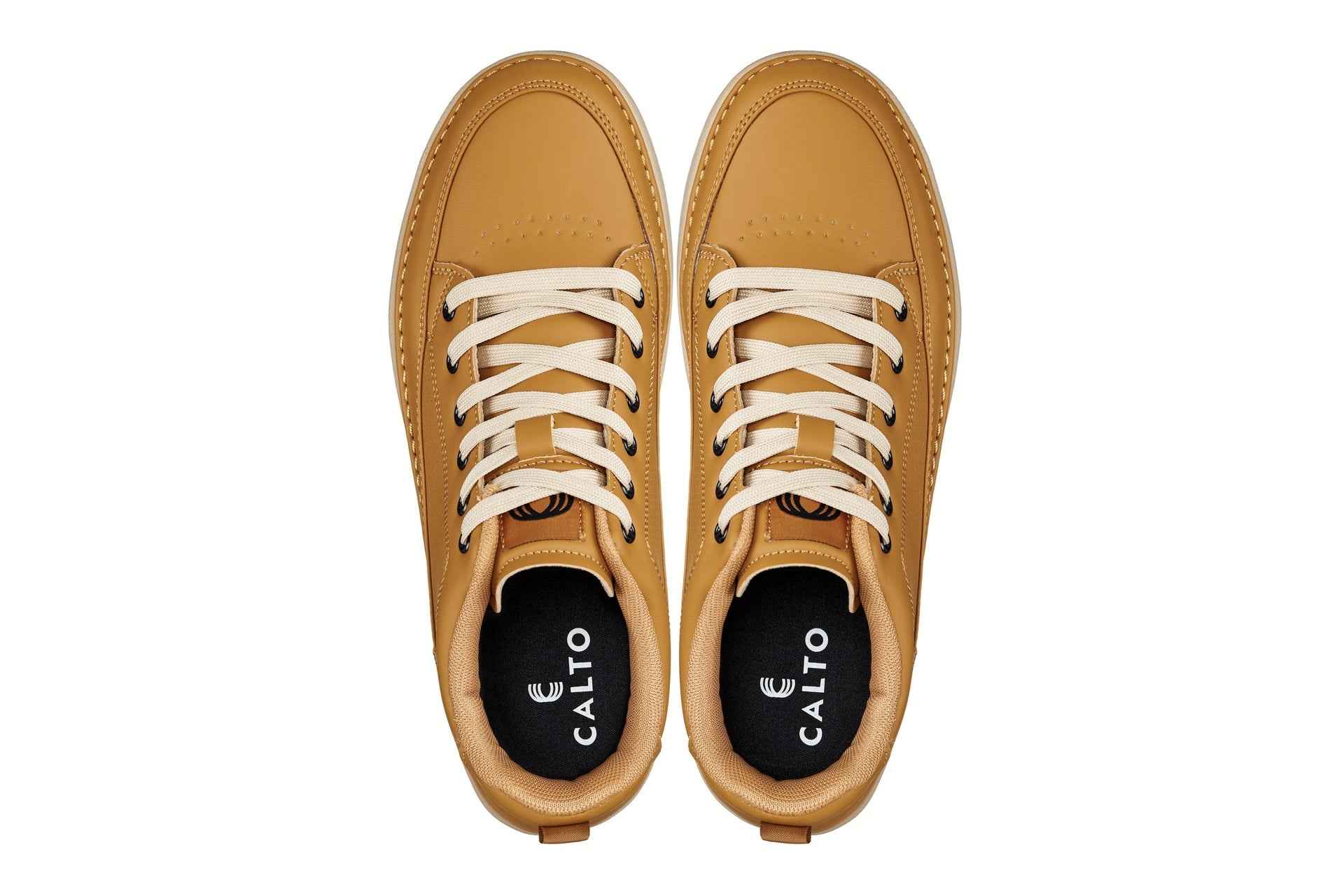 CALTO - Q274  - 2 Inches Taller (Camel Brown & Gum Sole) - Elevated Leatherette Micro-Perforated Sneakers