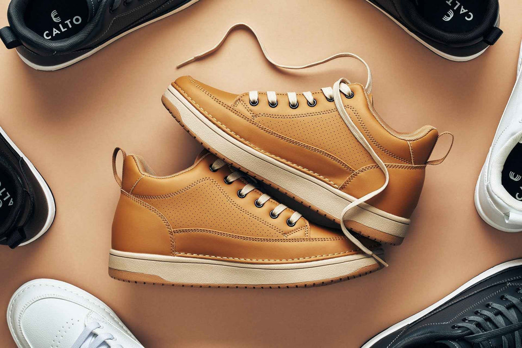 CALTO - Q274  - 2 Inches Taller (Camel Brown & Gum Sole) - Elevated Leatherette Micro-Perforated Sneakers