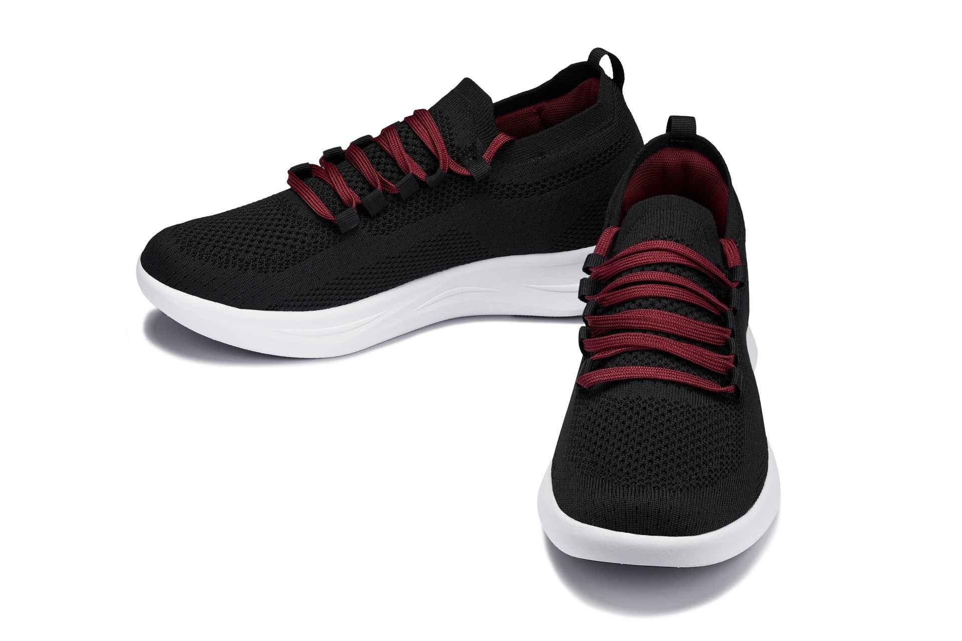 CALTO - QA064 - 2.4 Inches Taller (Black/Red/White Sole) - Lightweight Knitted Sneakers