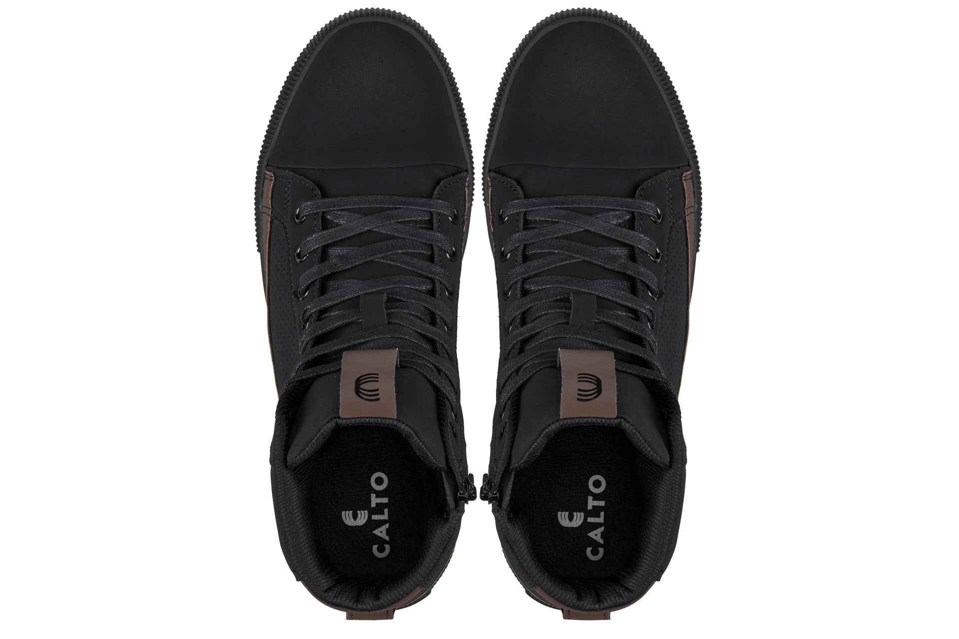 CALTO - S3422 - 2.4 Inches Taller (Black/Coffee Brown) - Cap Toe High Top Zip-Up Sneaker Boots