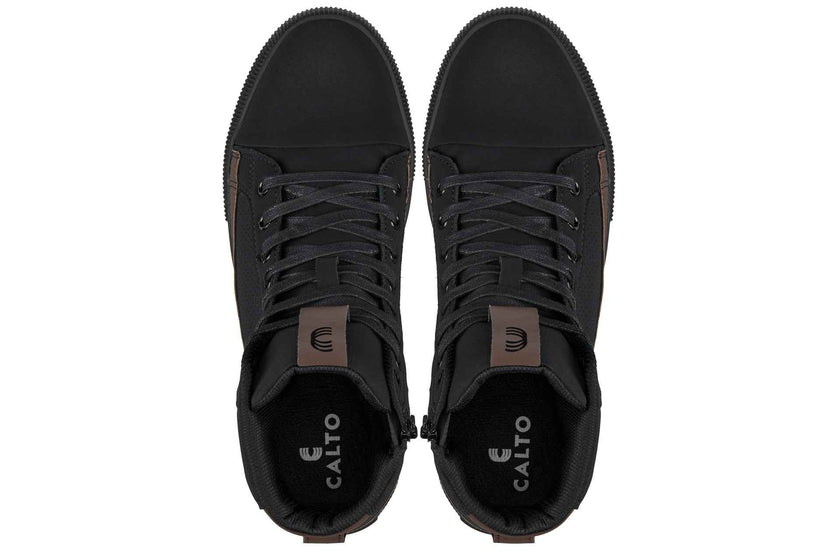 CALTO - S3422 - 2.4 Inches Taller (Black/Coffee Brown) - Cap Toe High Top Zip-Up Sneaker Boots