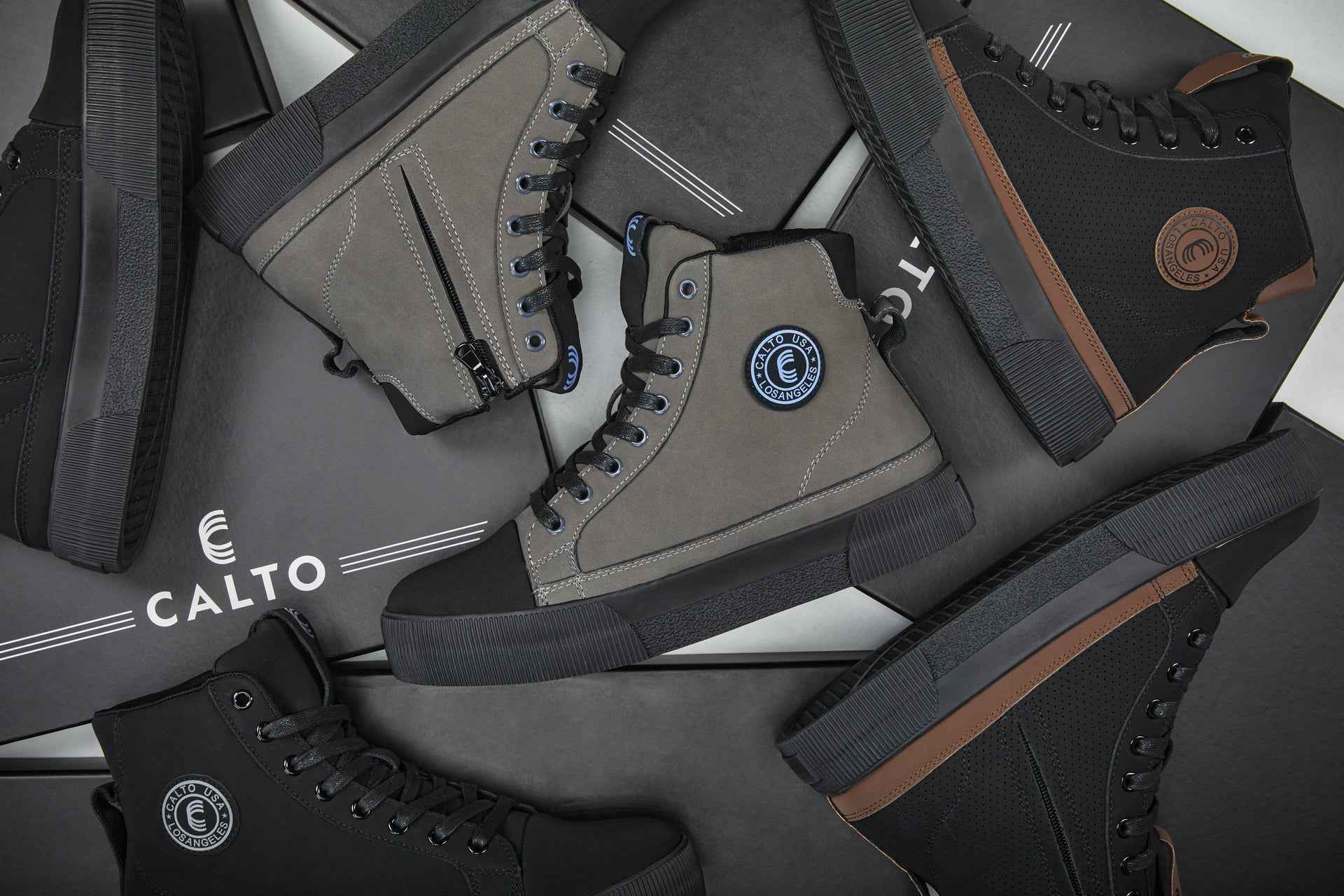 CALTO - S3422 - 2.4 Inches Taller (Black/Coffee Brown) - Cap Toe High Top Zip-Up Sneaker Boots