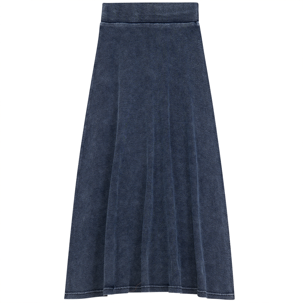 Soft Rib Denim Wash Long Flare Skirt
