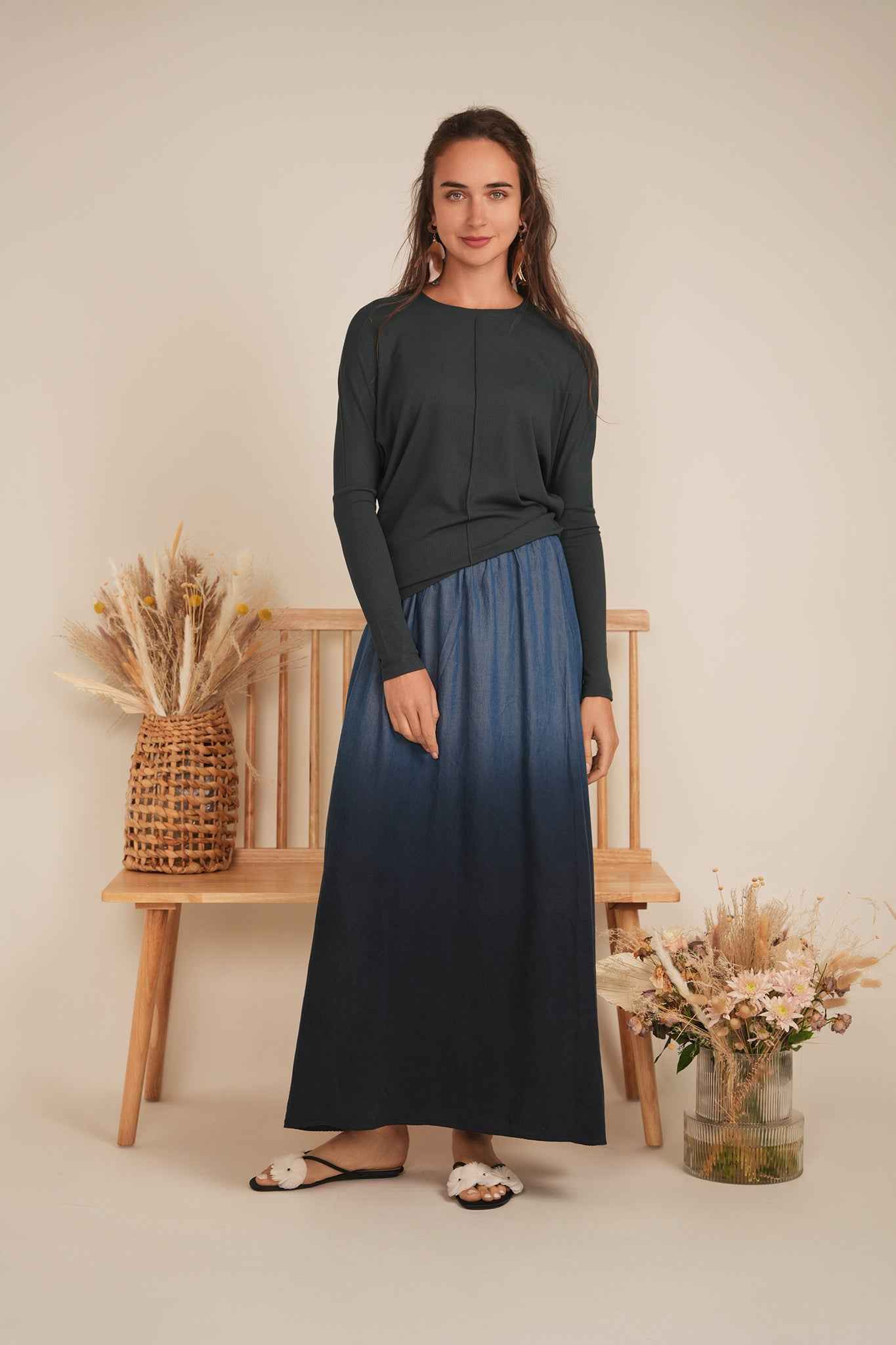 Denim Dip Dye Maxi Skirt