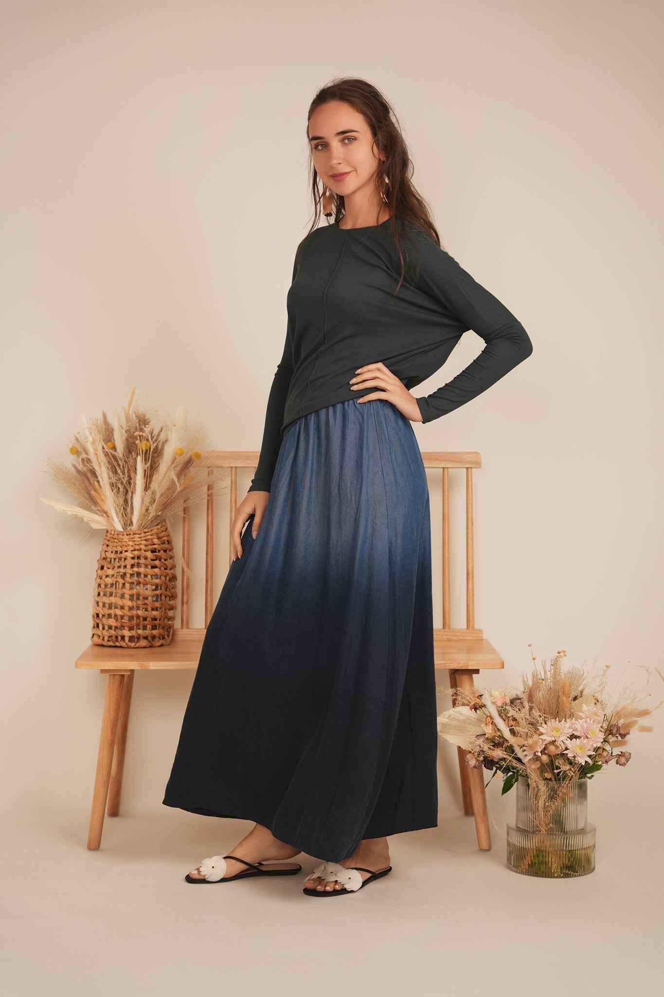 Denim Dip Dye Maxi Skirt
