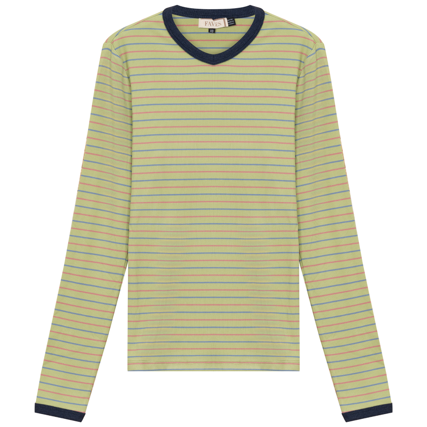 Ribbed Stripped V Neck Tee