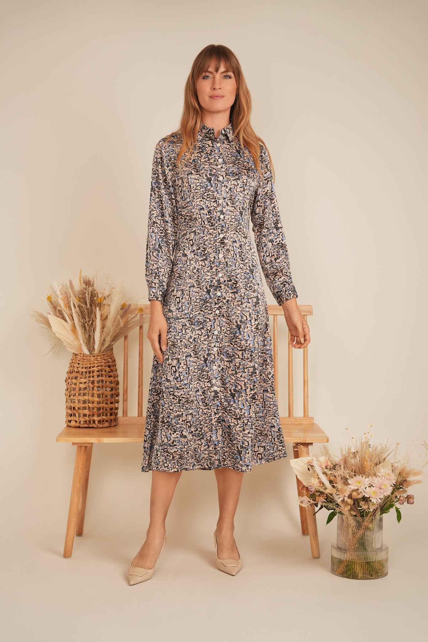 Printed Satin Midi Shirt Dress