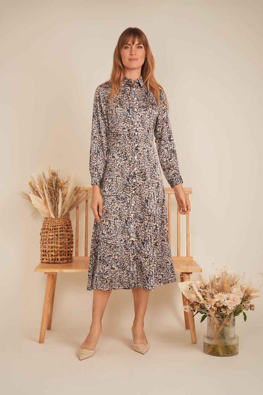 Printed Satin Midi Shirt Dress