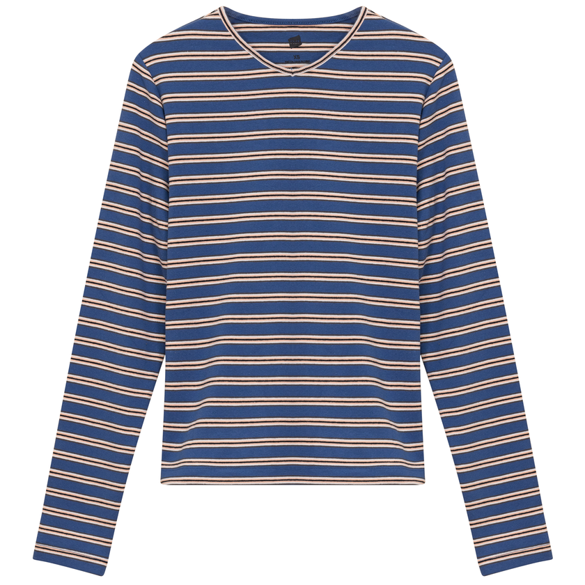 Ribbed Striped V Neck Tee With Bungee Rope