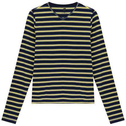 Ribbed Striped V Neck Tee With Bungee Rope