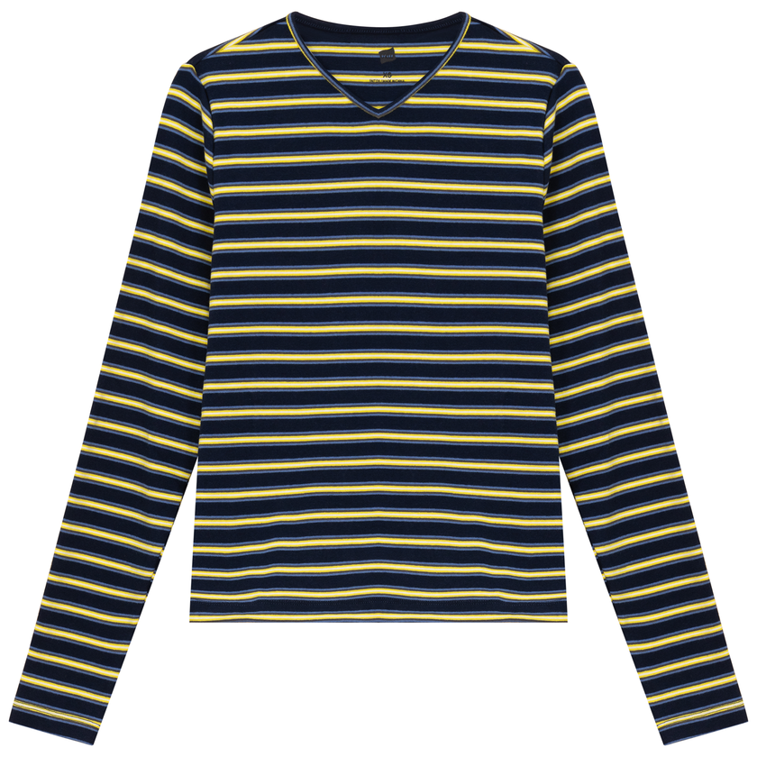 Ribbed Striped V Neck Tee With Bungee Rope