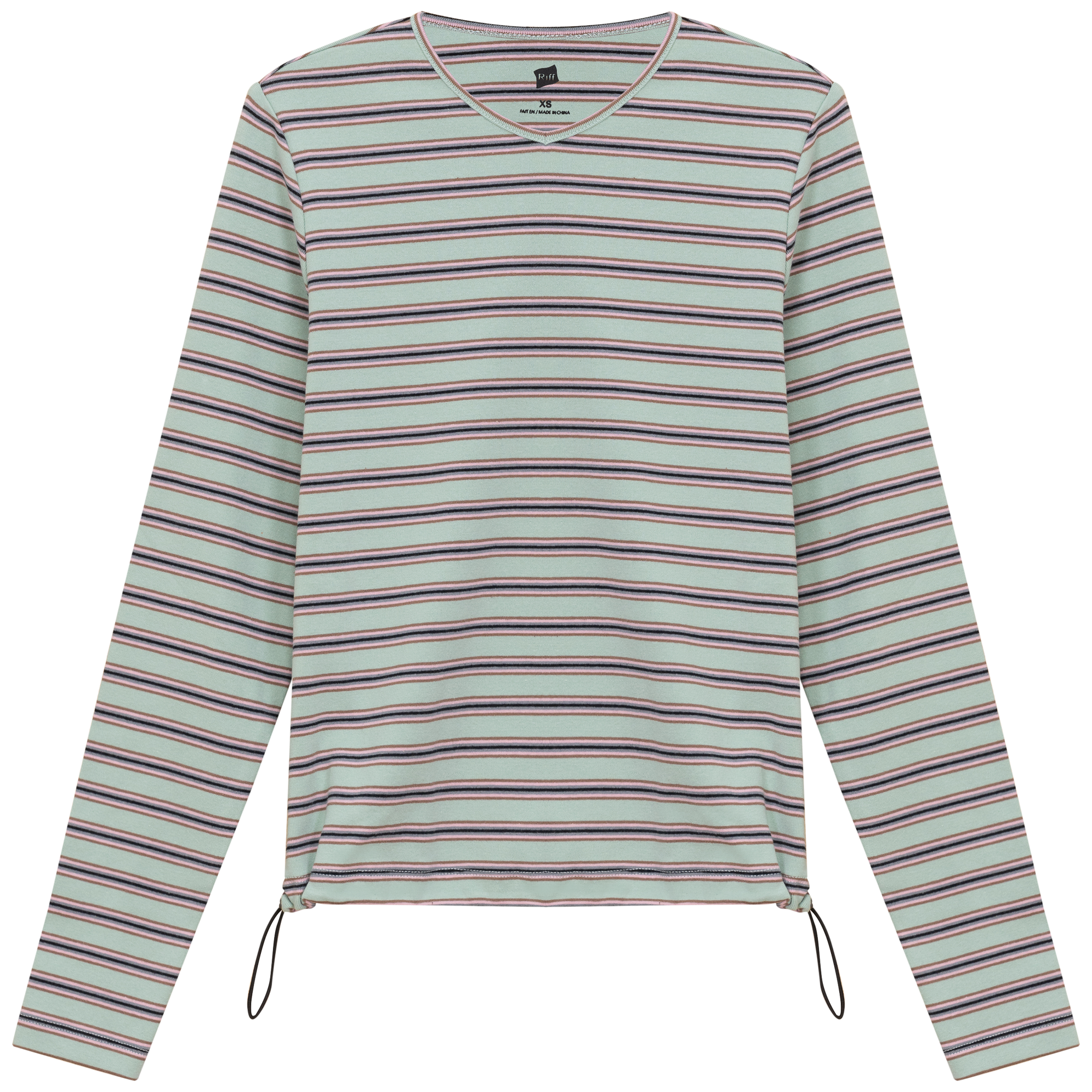Ribbed Striped V Neck Tee With Bungee Rope
