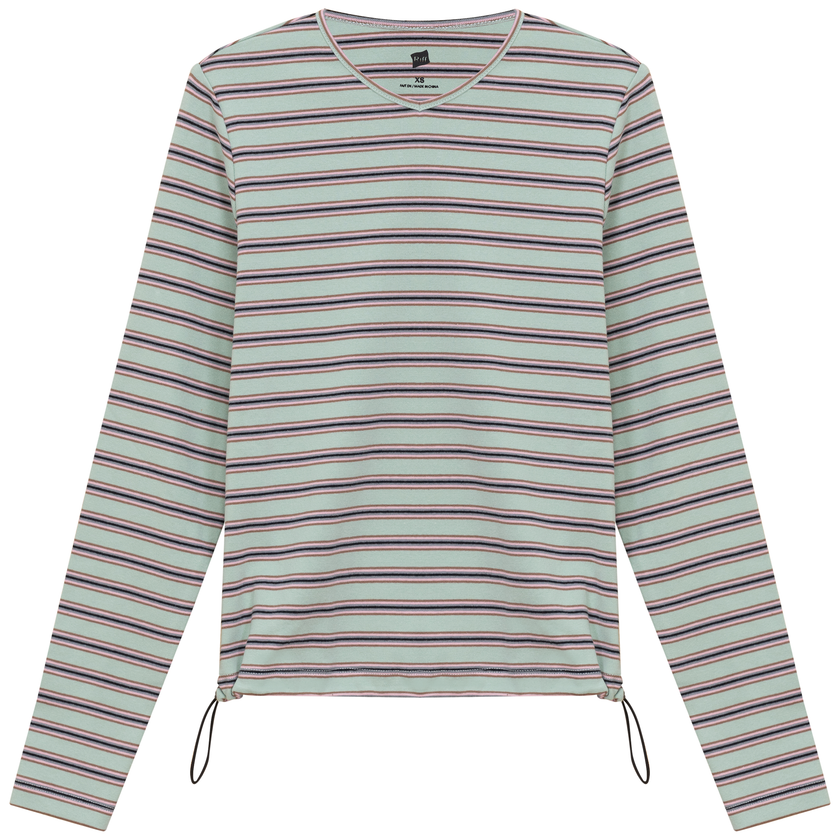 Ribbed Striped V Neck Tee With Bungee Rope