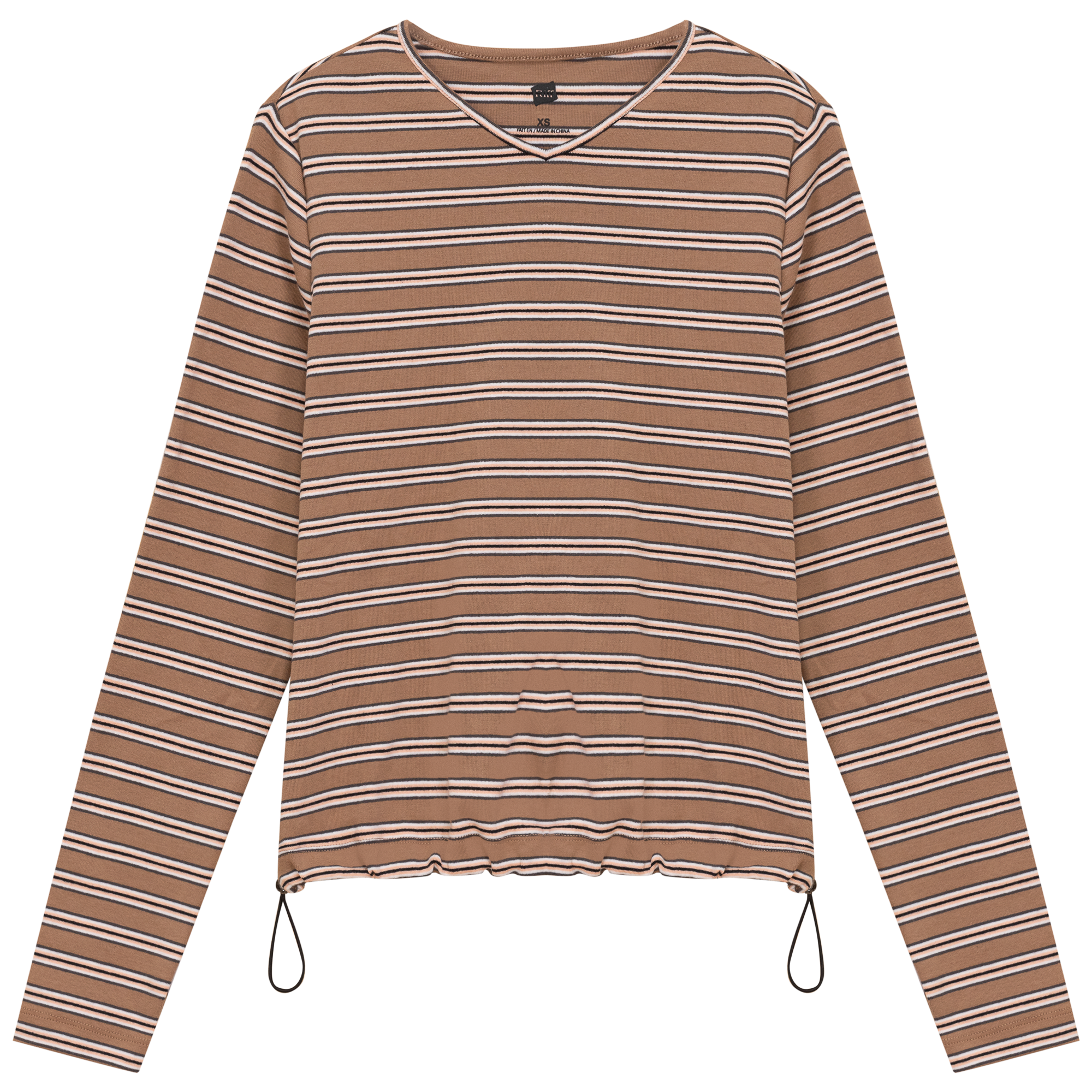 Ribbed Striped V Neck Tee With Bungee Rope