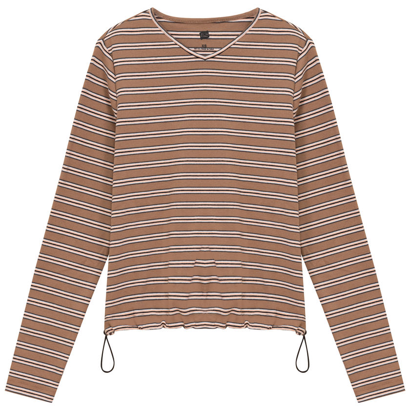 Ribbed Striped V Neck Tee With Bungee Rope