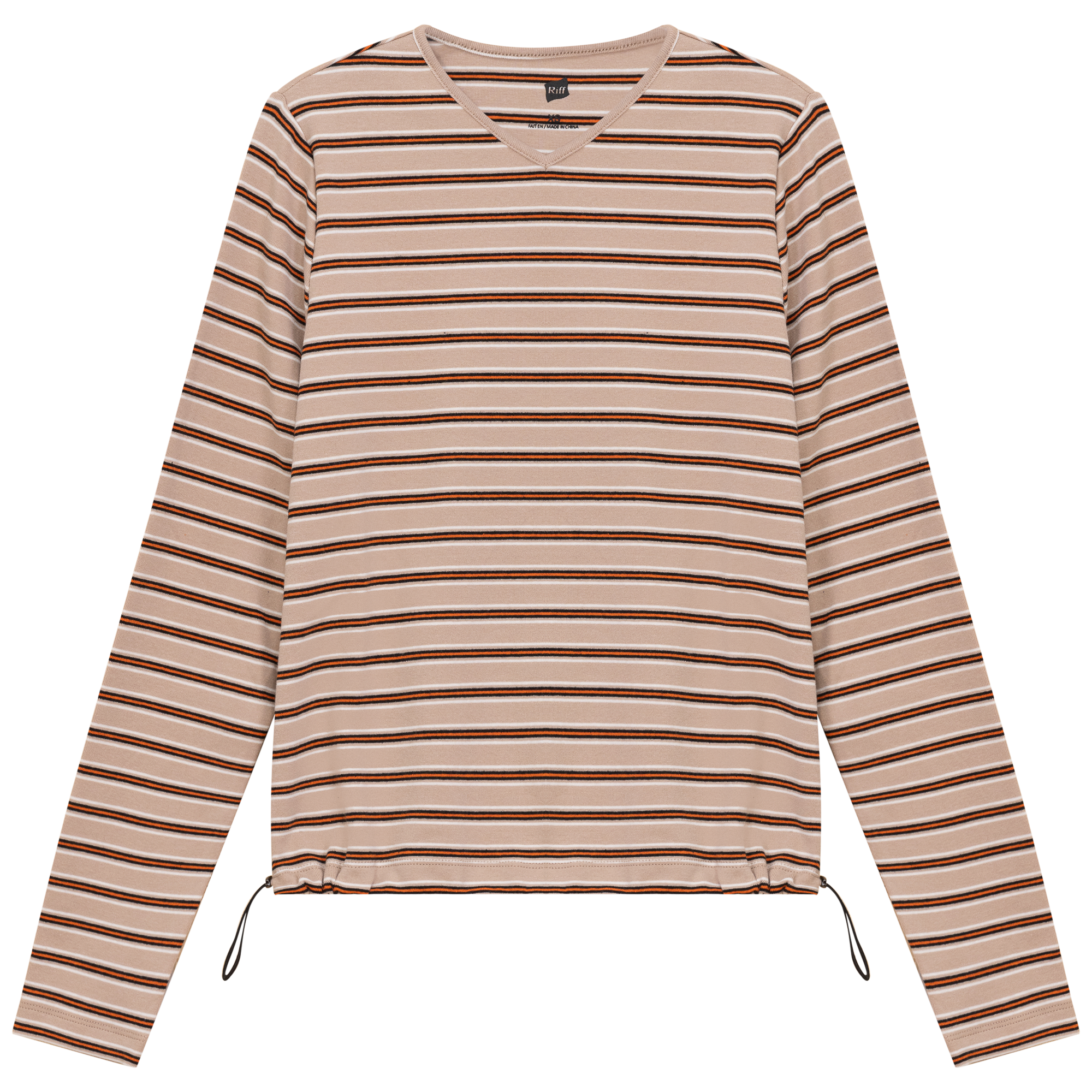 Ribbed Striped V Neck Tee With Bungee Rope