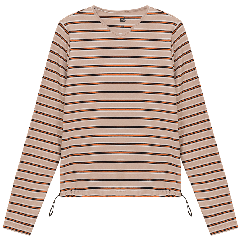 Ribbed Striped V Neck Tee With Bungee Rope