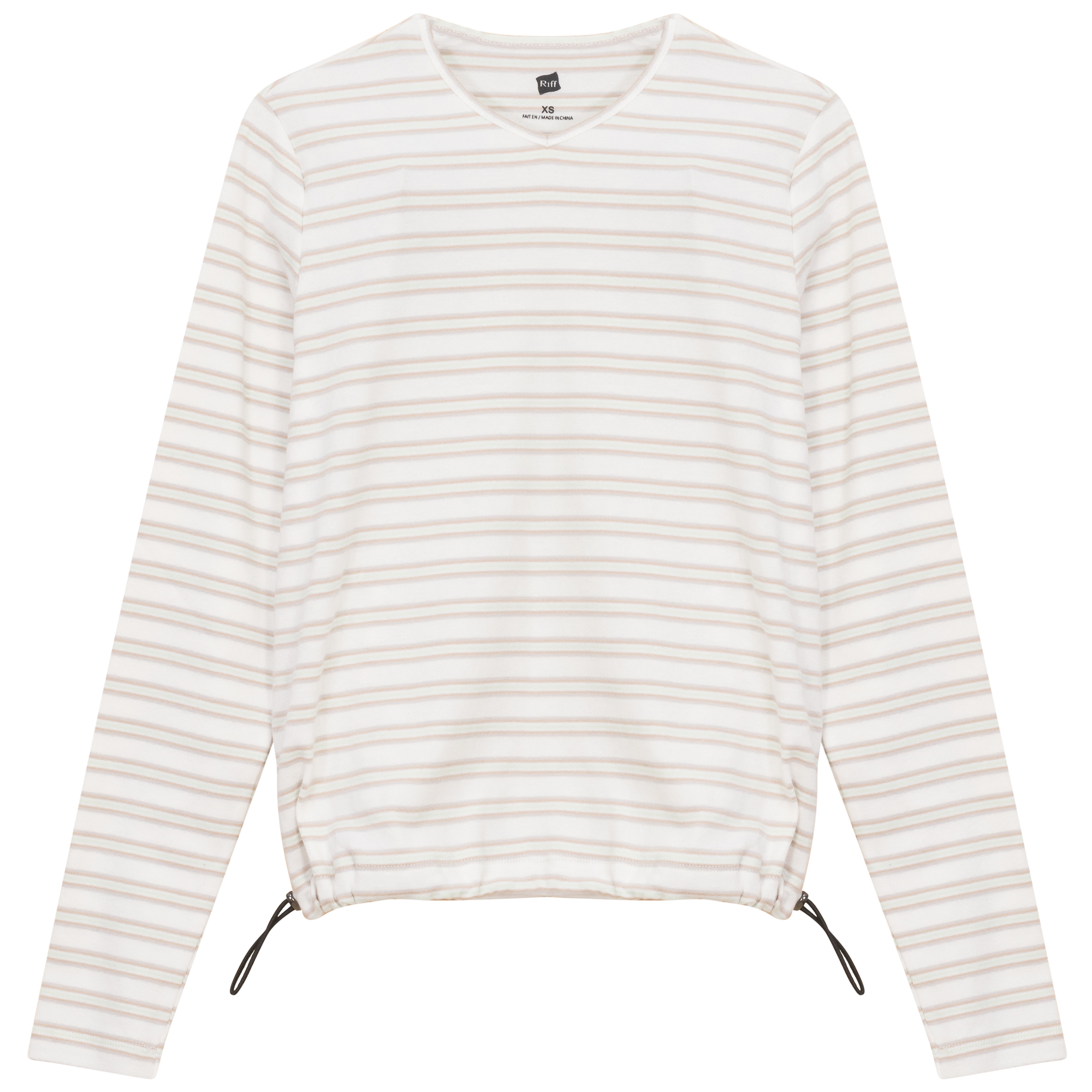 Ribbed Striped V Neck Tee With Bungee Rope