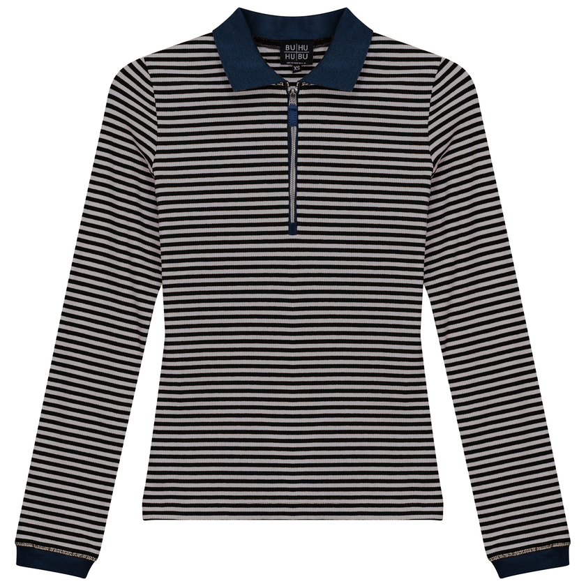 Stripped Ribbed Zipper Henley Tee