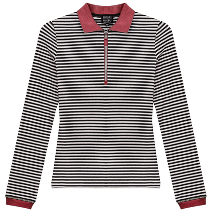 Stripped Ribbed Zipper Henley Tee