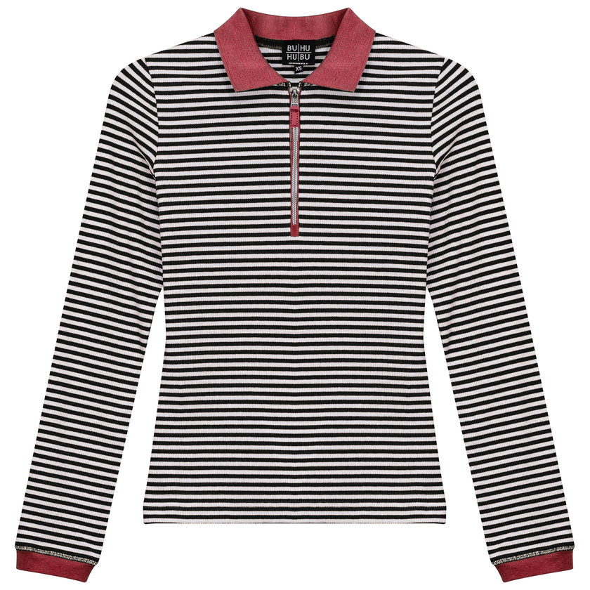 Stripped Ribbed Zipper Henley Tee