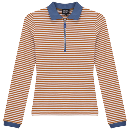 Stripped Ribbed Zipper Henley Tee