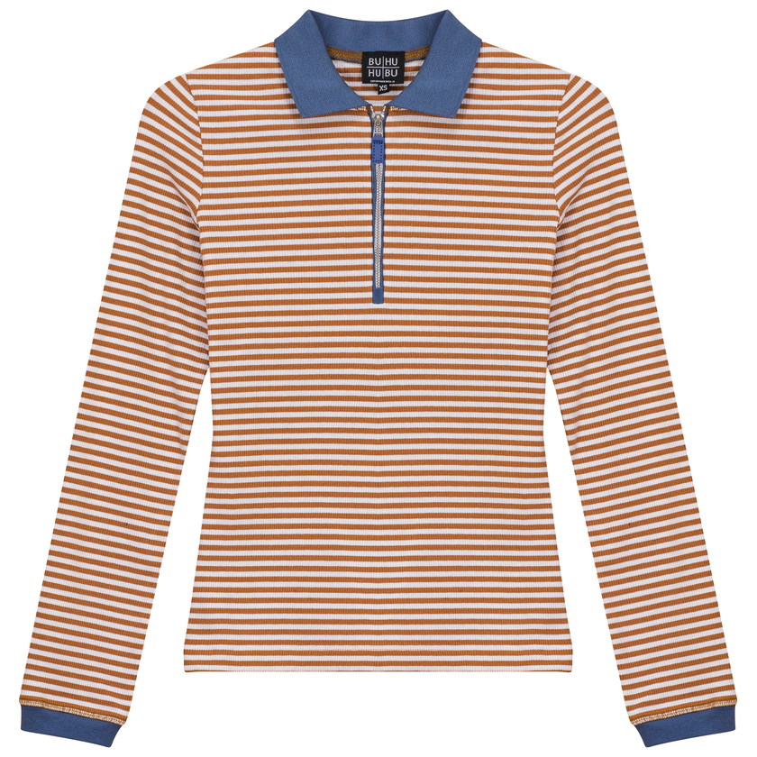 Stripped Ribbed Zipper Henley Tee