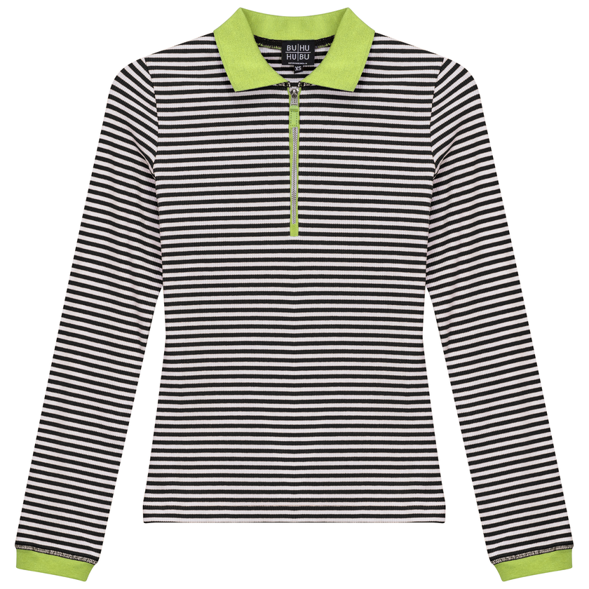Stripped Ribbed Zipper Henley Tee