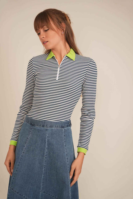 Stripped Ribbed Zipper Henley Tee