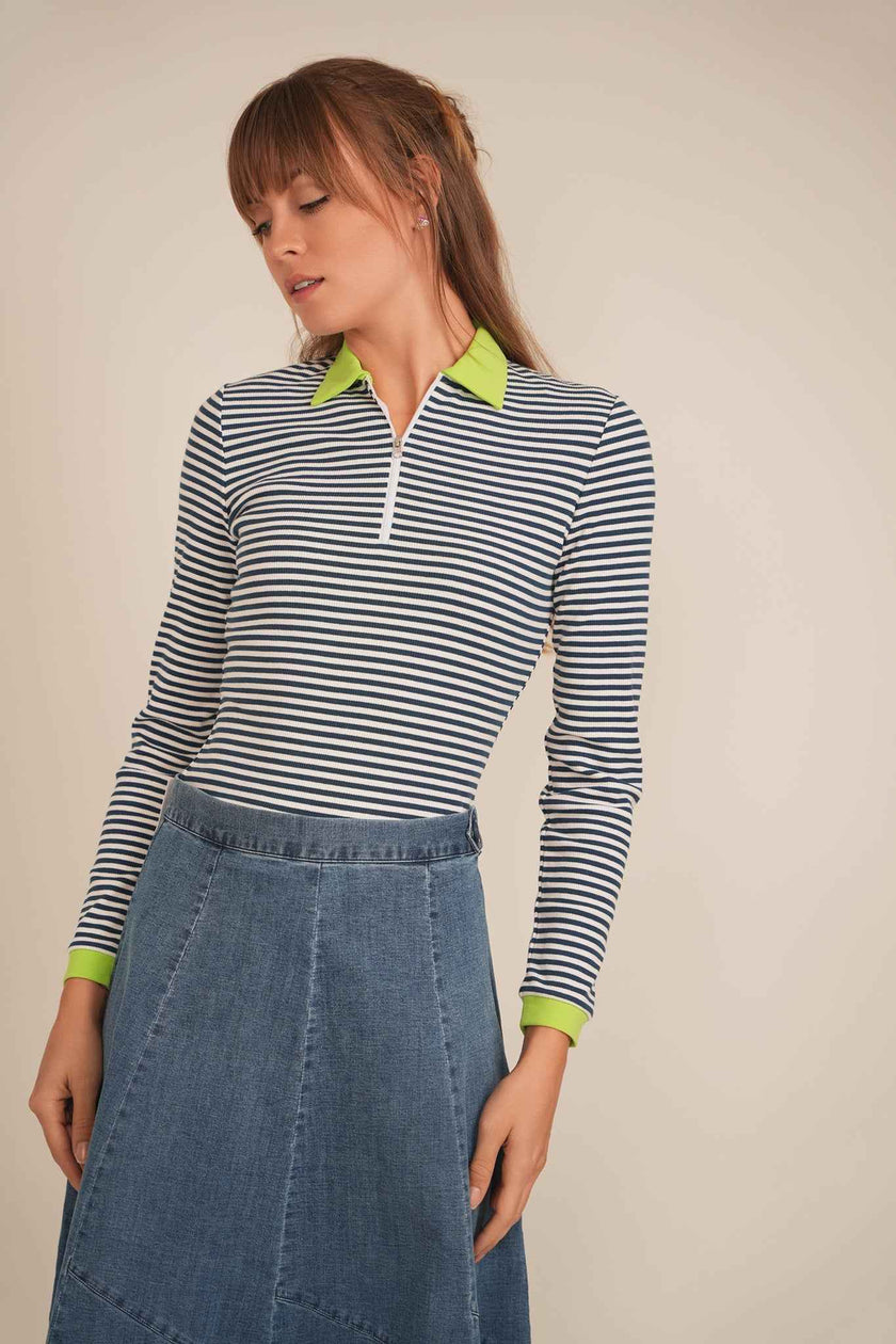 Stripped Ribbed Zipper Henley Tee