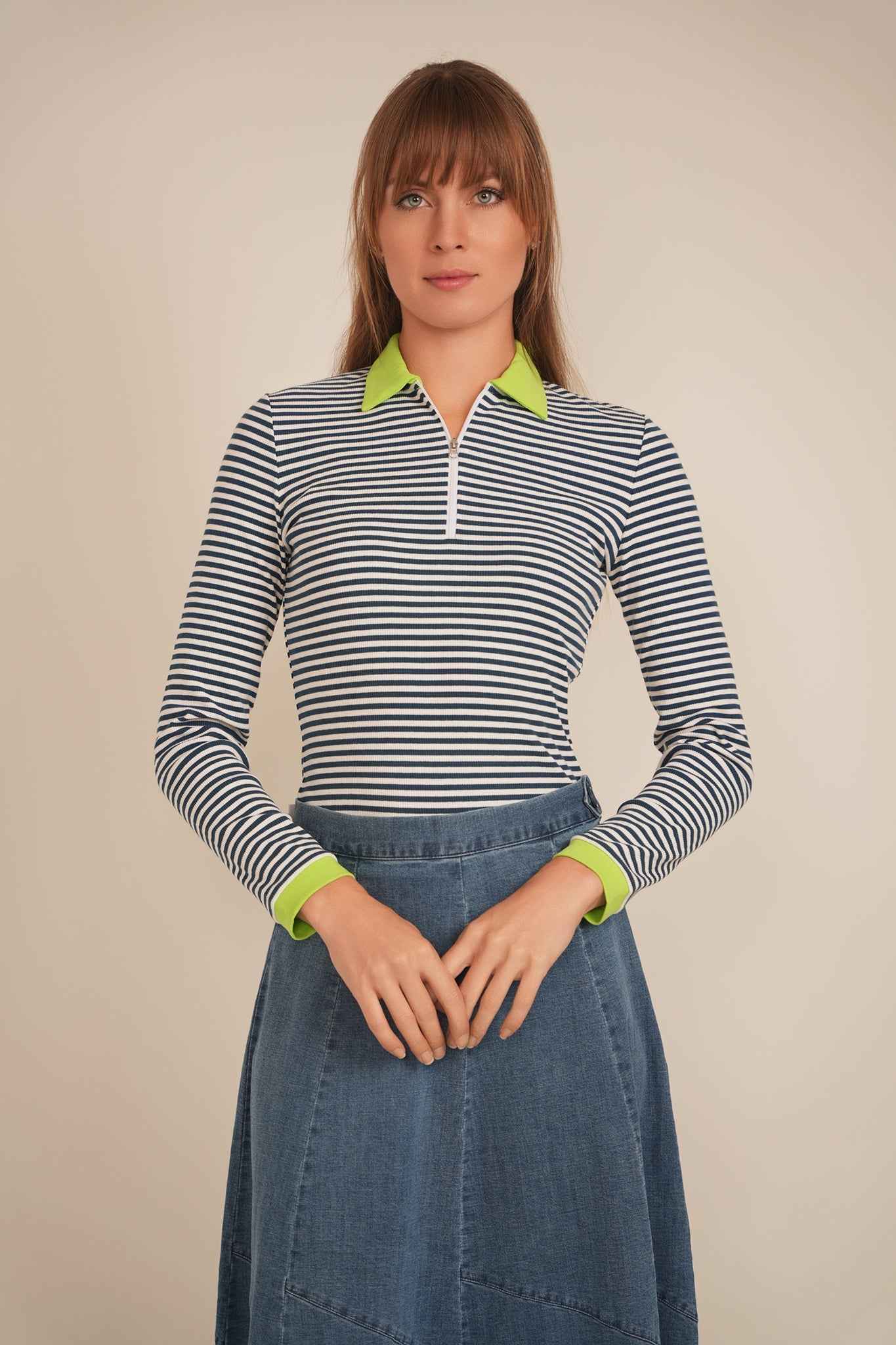 Stripped Ribbed Zipper Henley Tee