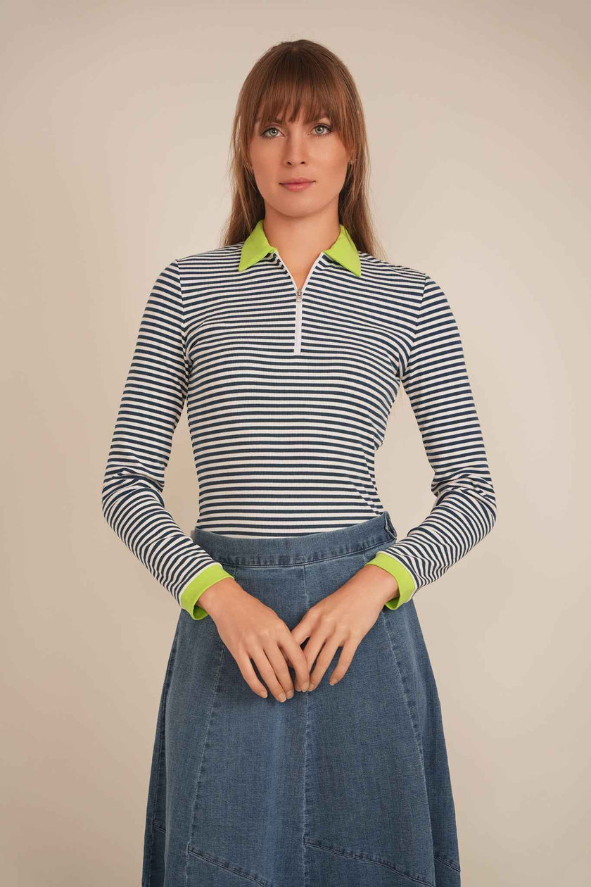 Stripped Ribbed Zipper Henley Tee