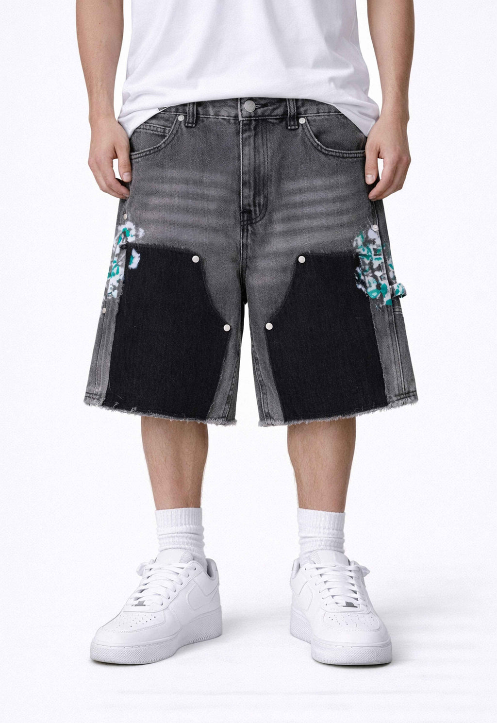 GREY SPLIT PAINTERS SHORTS