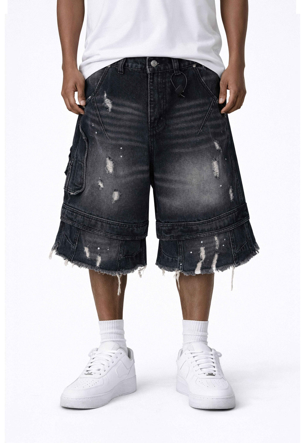 NOIR DISTRESSED CARGO SHORTS