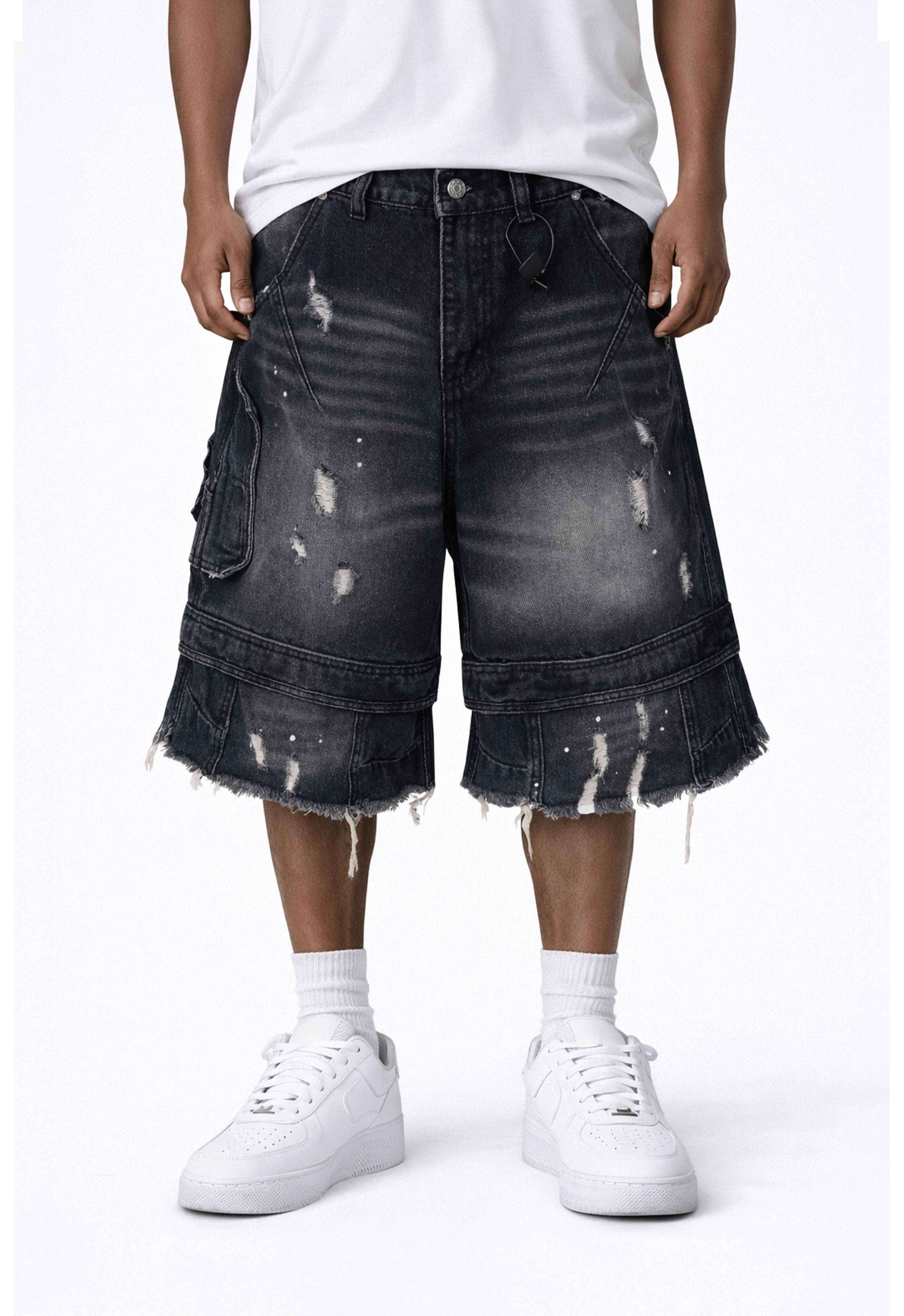 NOIR DISTRESSED CARGO SHORTS